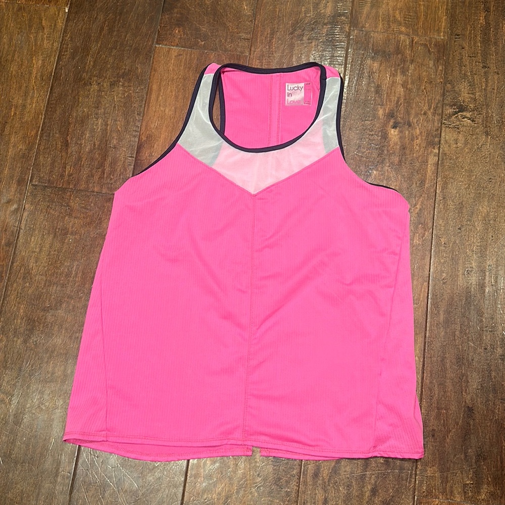 Lucky in Love pink and midnight navy tank. L-12